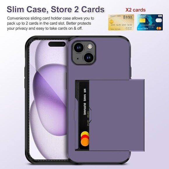 4-in-1 for iPhone 15 Case Wallet with Screen Protector & Camera Cover,Gray Purpl - Picture 1 of 4
